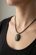 Fused Glass Olive Green & Deep Purple Oval Pendant Necklace