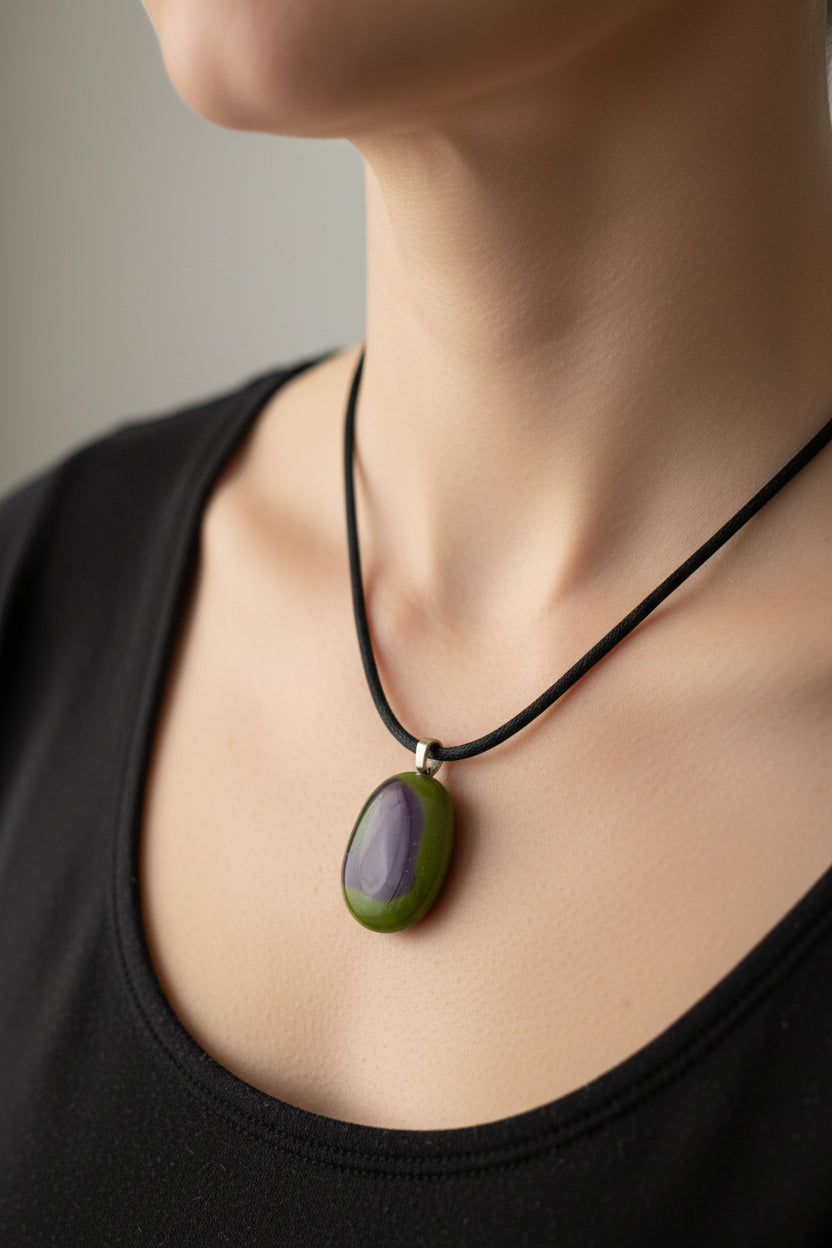 Fused Glass Olive Green & Deep Purple Oval Pendant Necklace