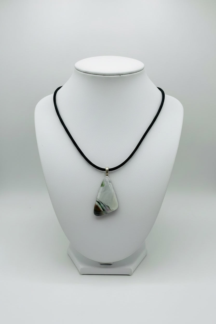 Fused Glass White & Dark Brown Triangle Pendant Necklace
