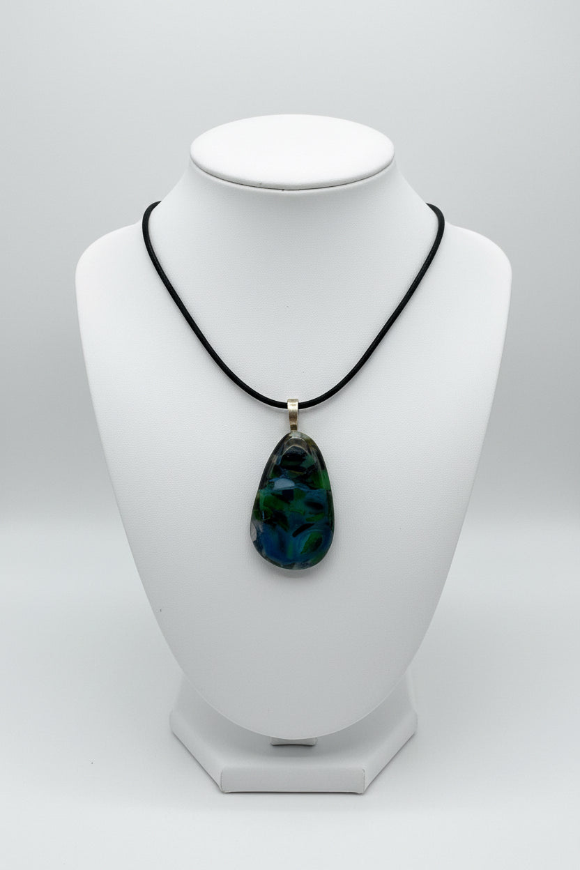 Fused Glass Teal & Green Mosaic Teardrop Pendant Necklace