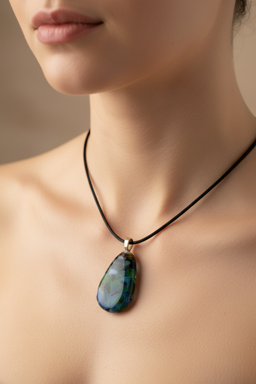 Fused Glass Teal & Green Mosaic Teardrop Pendant Necklace
