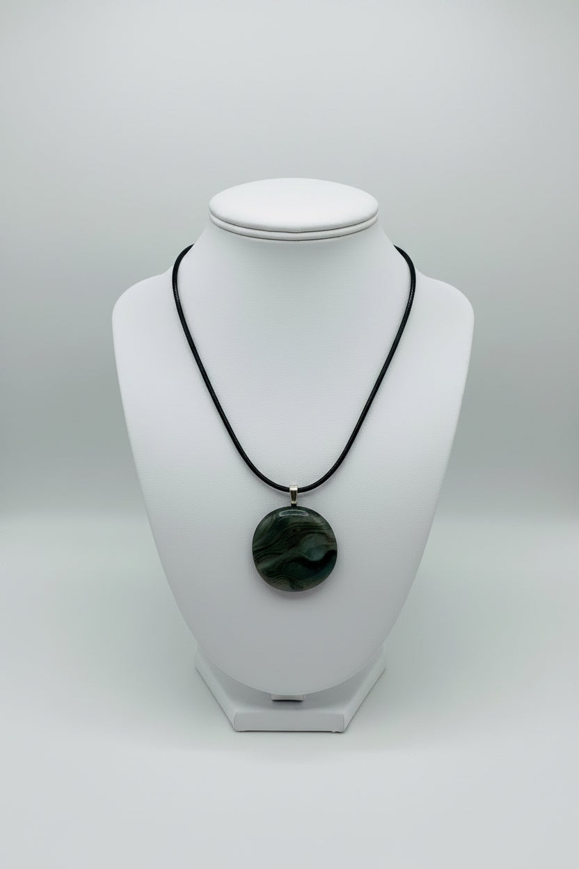 Fused Glass Smoky Charcoal Round Pendant Necklace