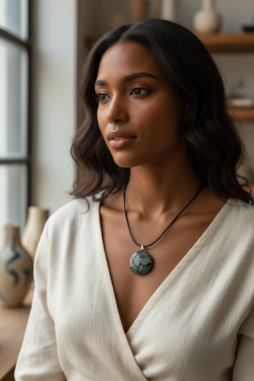 Fused Glass Smoky Charcoal Round Pendant Necklace