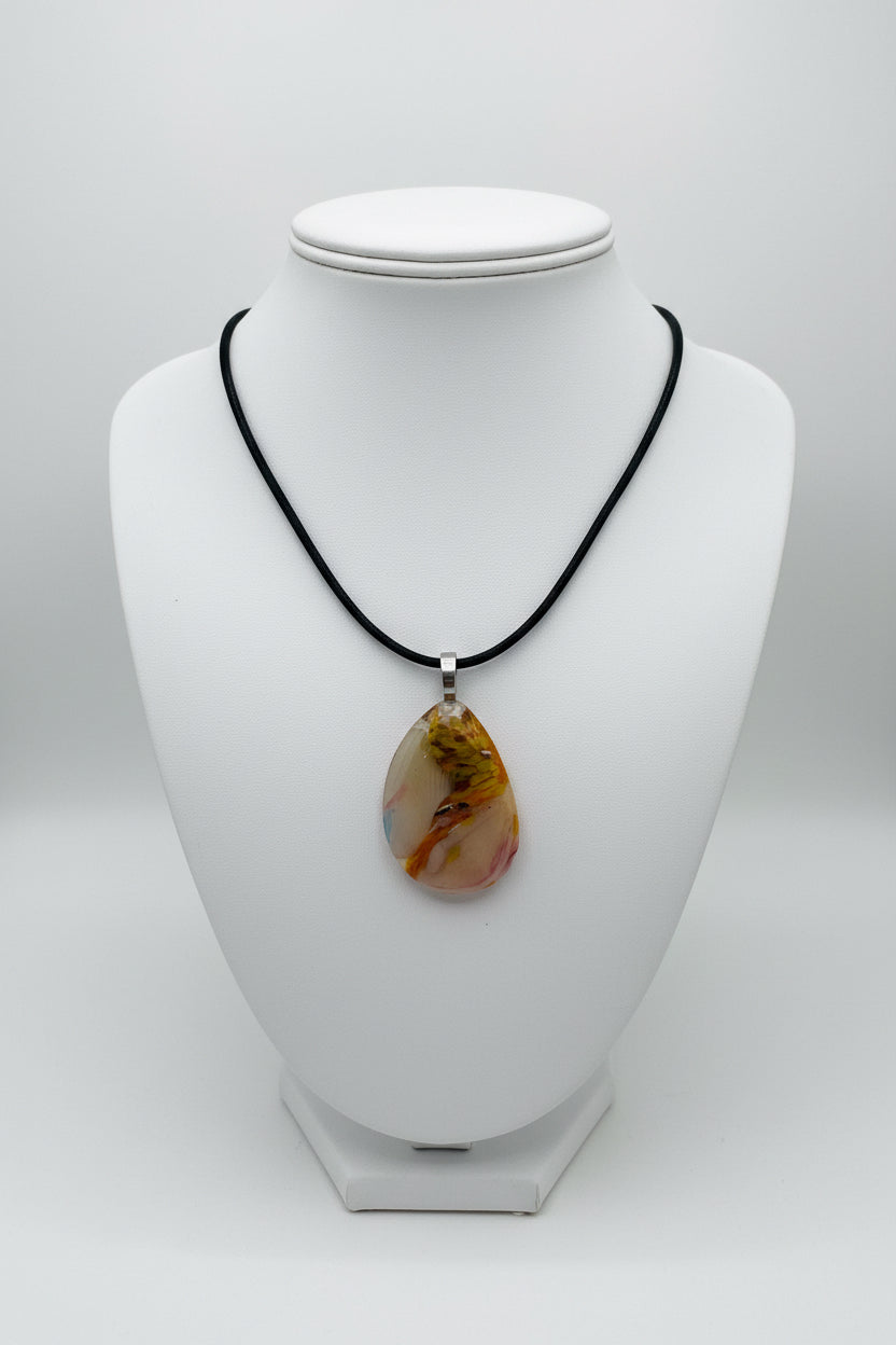 Fused Glass Cream & Golden Yellow Teardrop Pendant Necklace