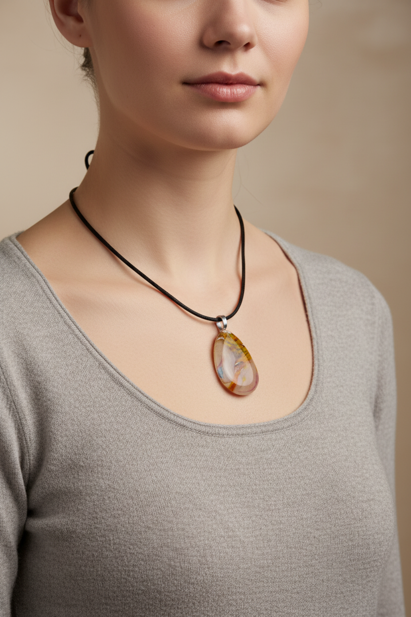 Fused Glass Cream & Golden Yellow Teardrop Pendant Necklace