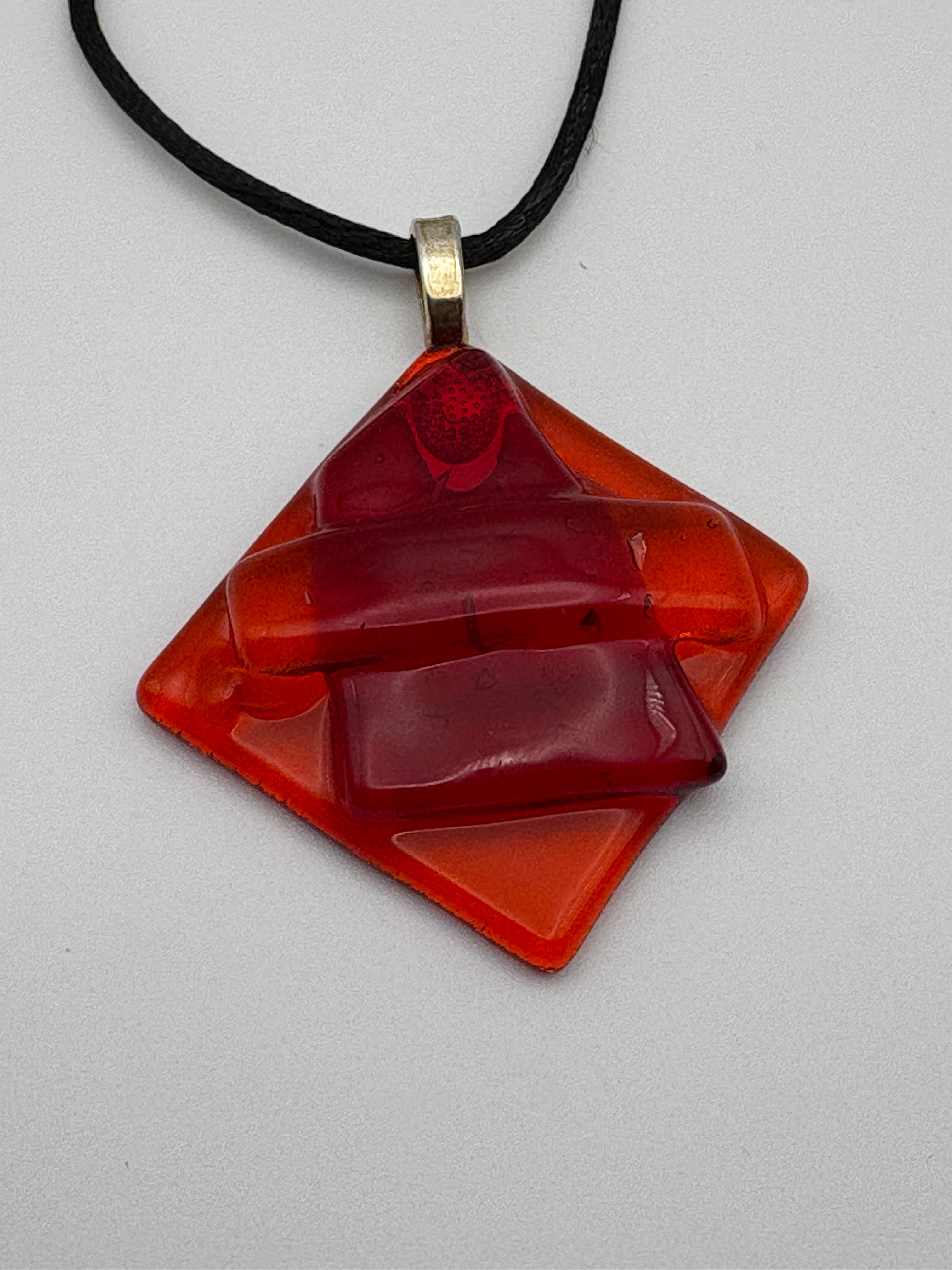 Fused Glass Red-Orange Layered Diamond Pendant Necklace