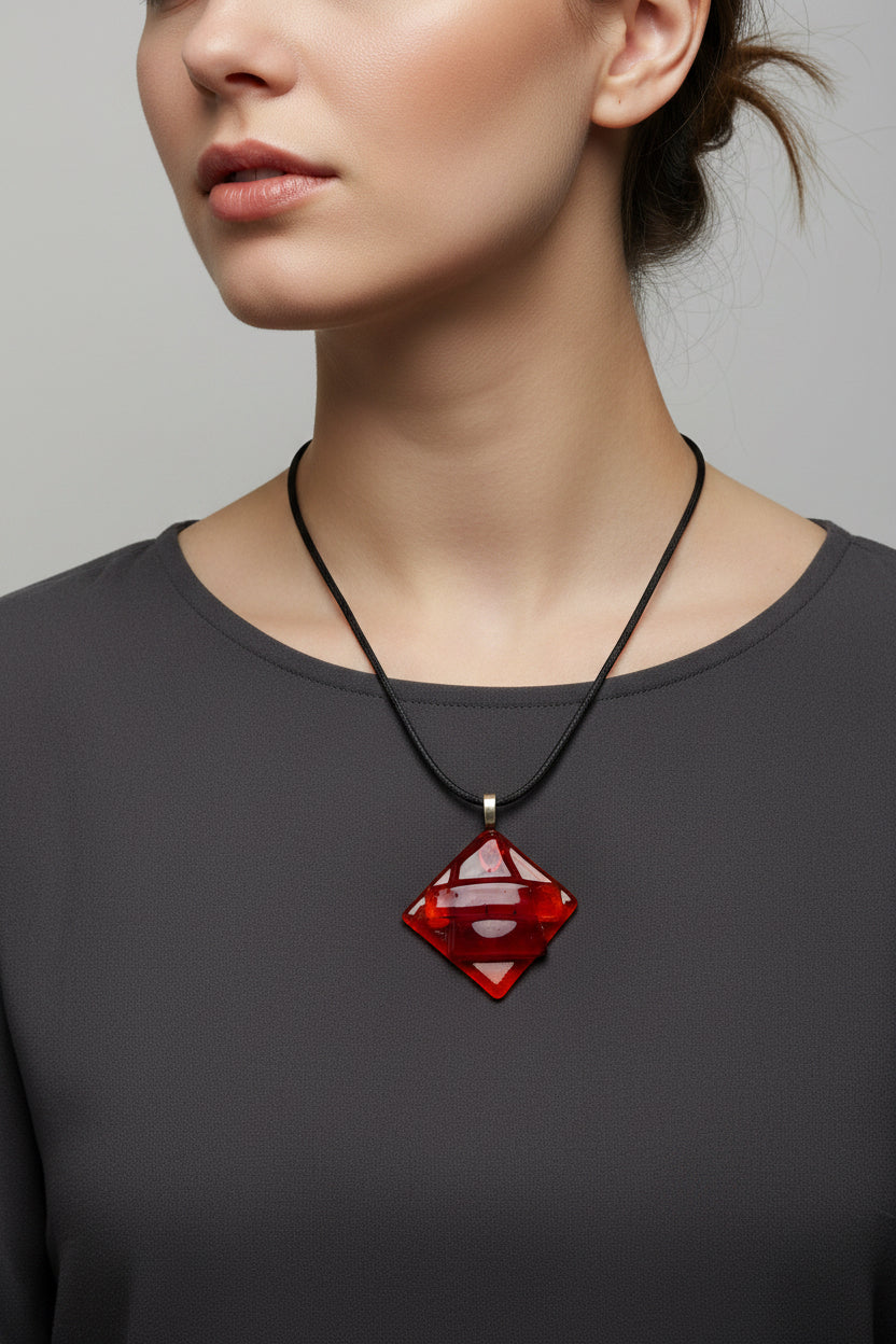 Fused Glass Red-Orange Layered Diamond Pendant Necklace