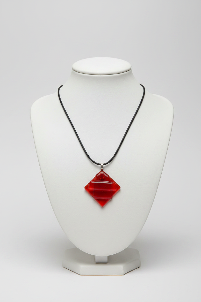 Fused Glass Red-Orange Layered Diamond Pendant Necklace