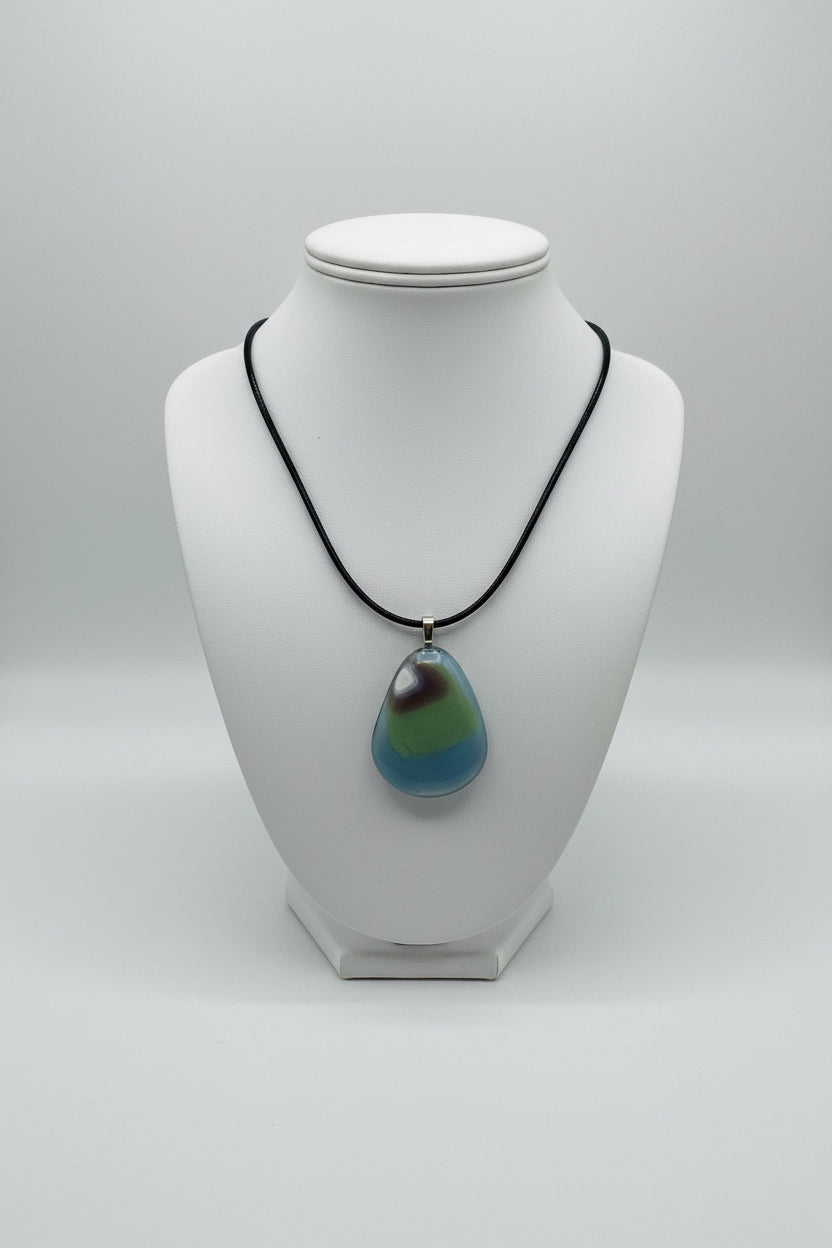 Fused Glass Blue-Grey & Olive Teardrop Pendant Necklace