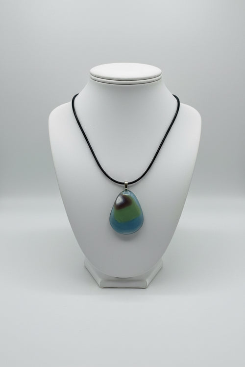 Fused Glass Blue-Grey & Olive Teardrop Pendant Necklace