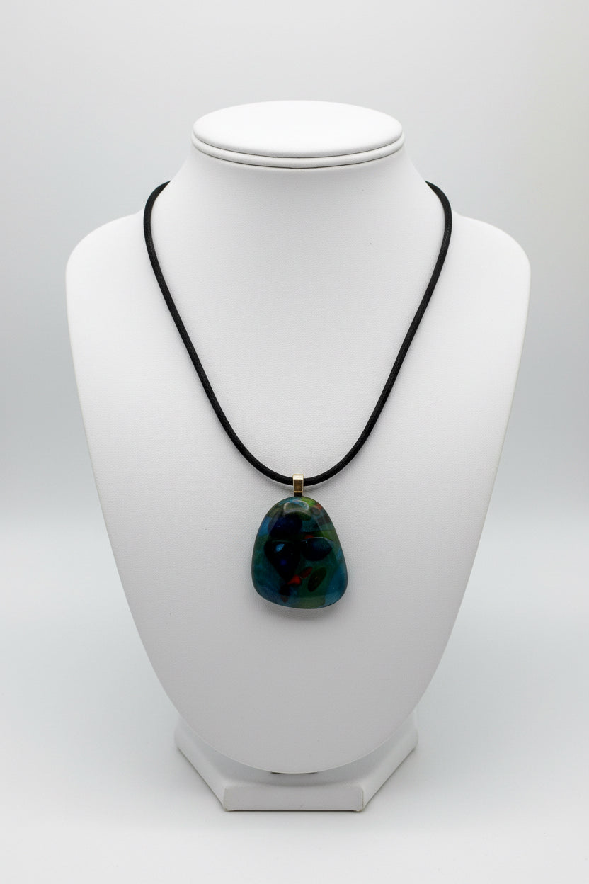 Fused Glass Deep Teal & Forest Green Organic Pendant Necklace
