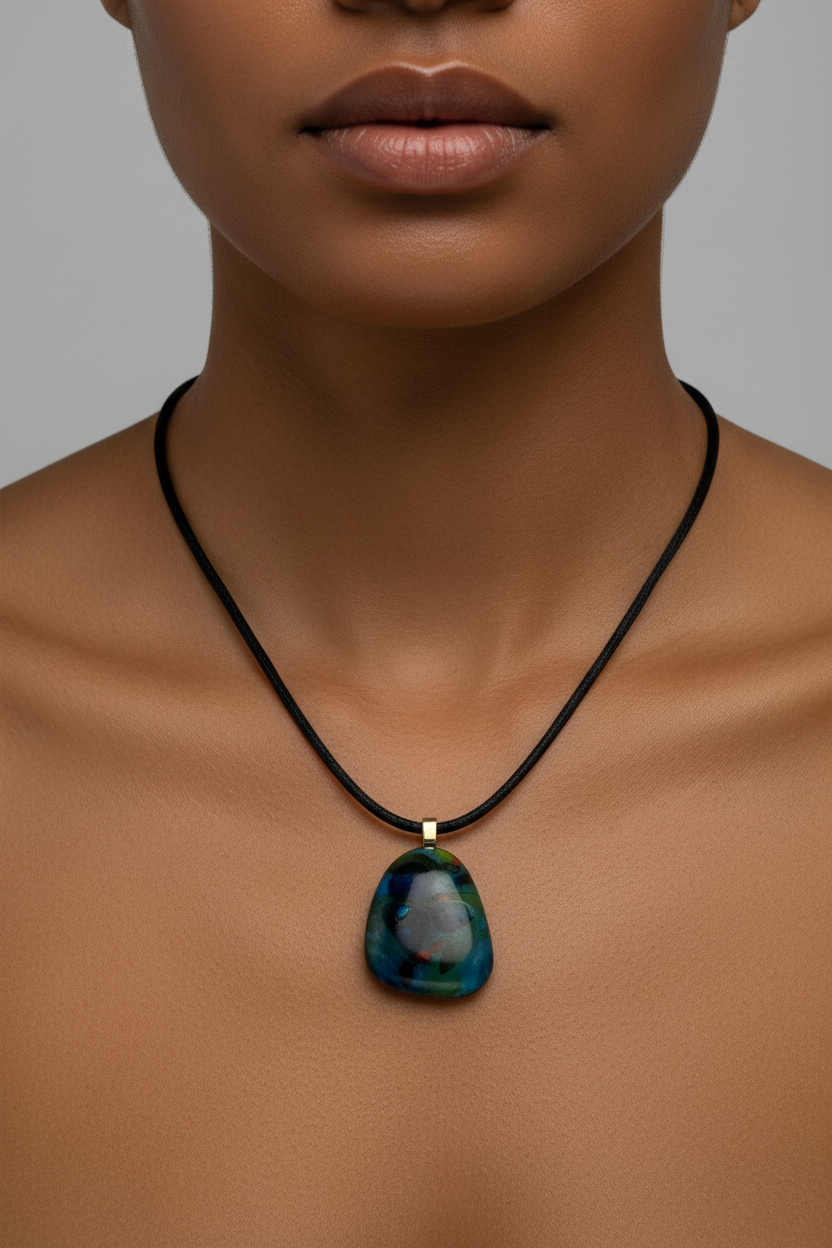 Fused Glass Deep Teal & Forest Green Organic Pendant Necklace