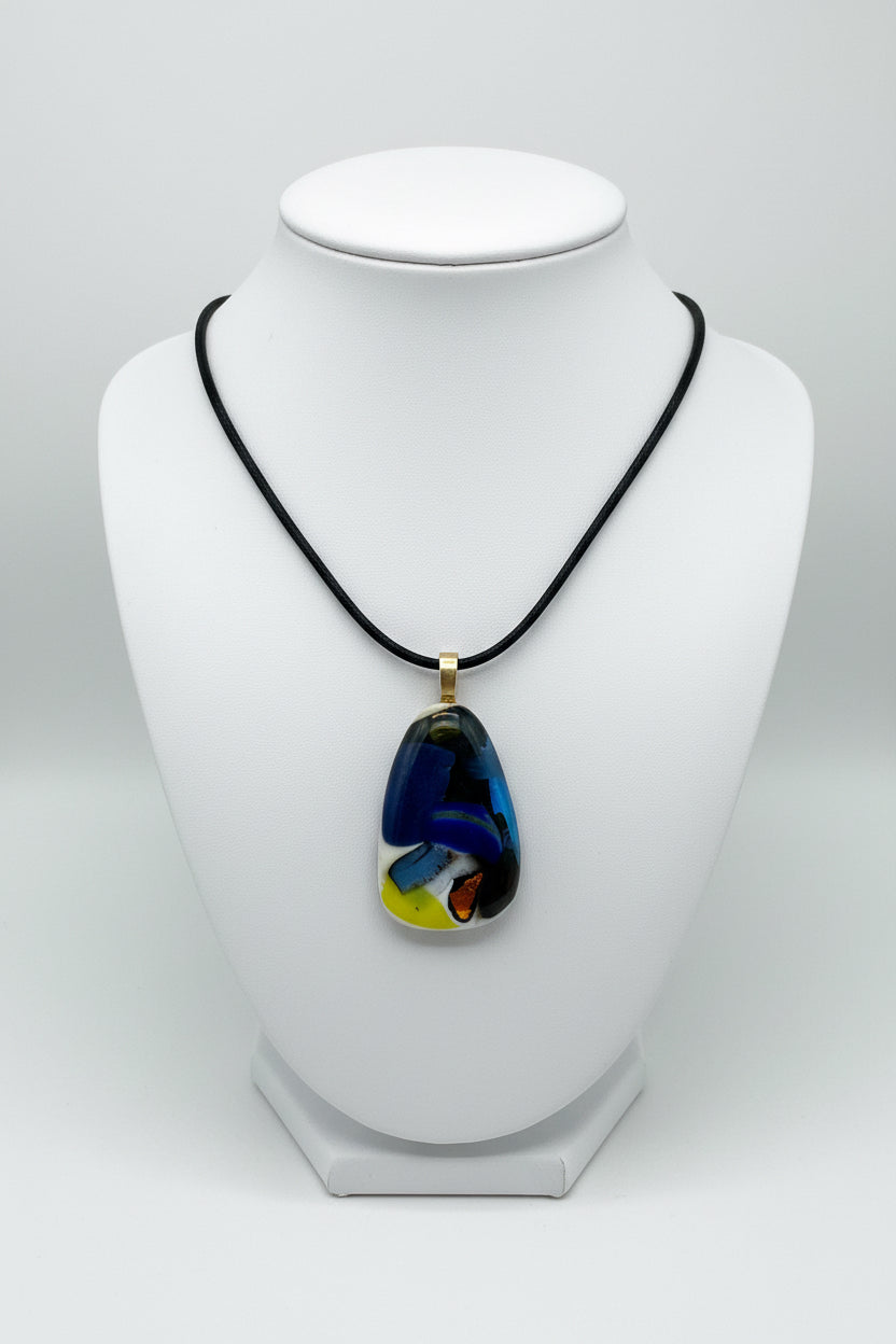 Fused Glass Navy & Yellow Dichroic Organic Pendant Necklace