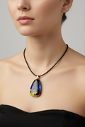 Fused Glass Navy & Yellow Dichroic Organic Pendant Necklace