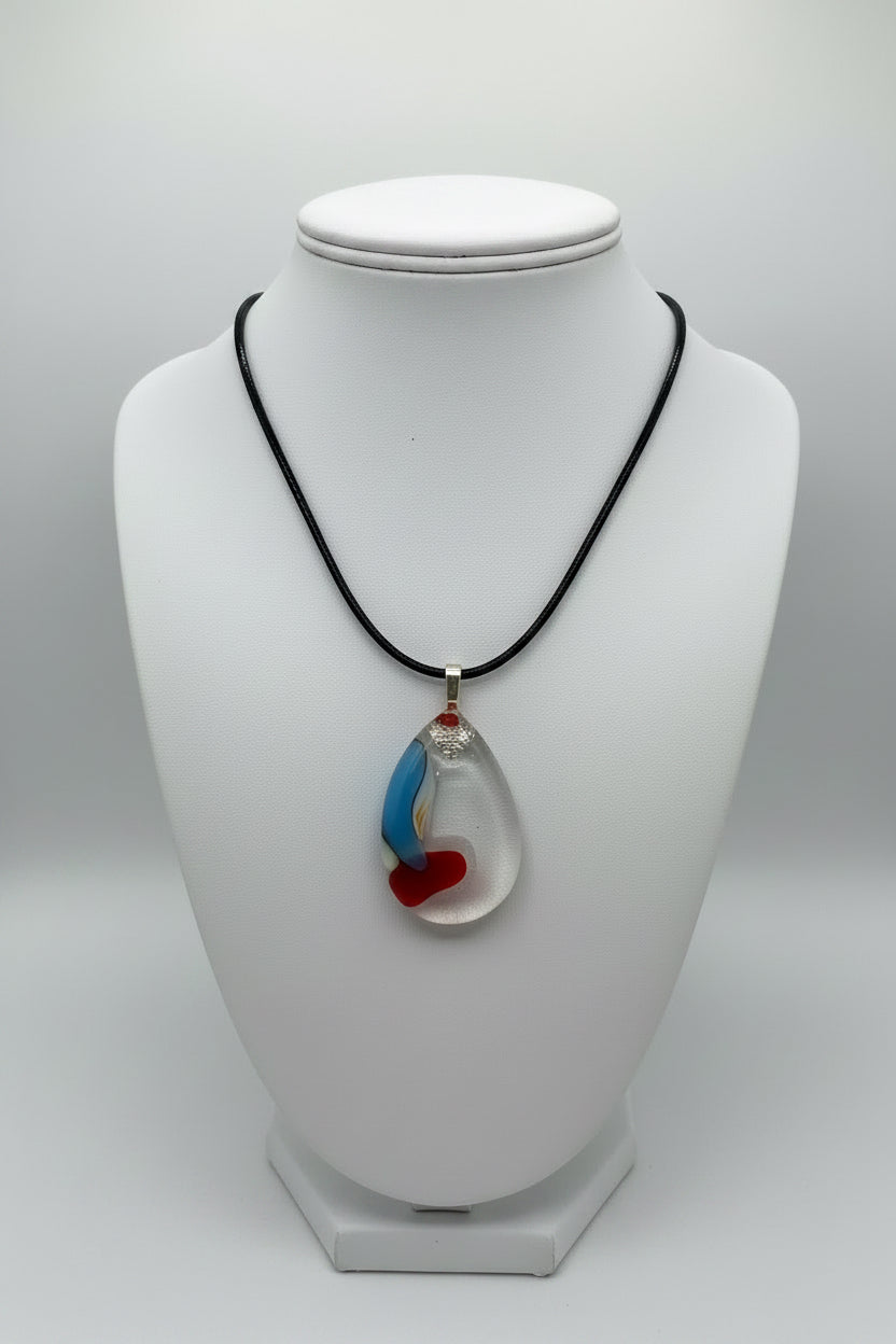 Fused Glass White Teardrop Pendant Necklace with Blue & Red Accents