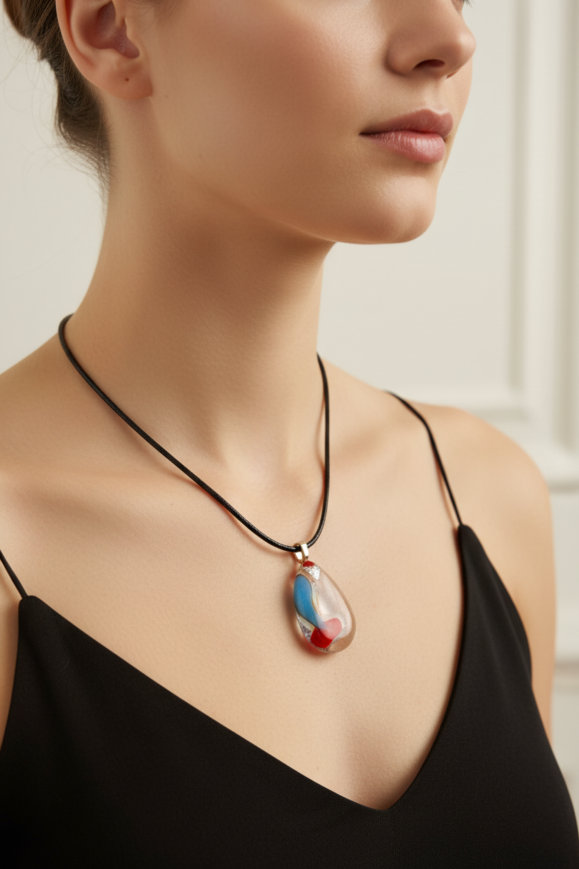 Fused Glass White Teardrop Pendant Necklace with Blue & Red Accents