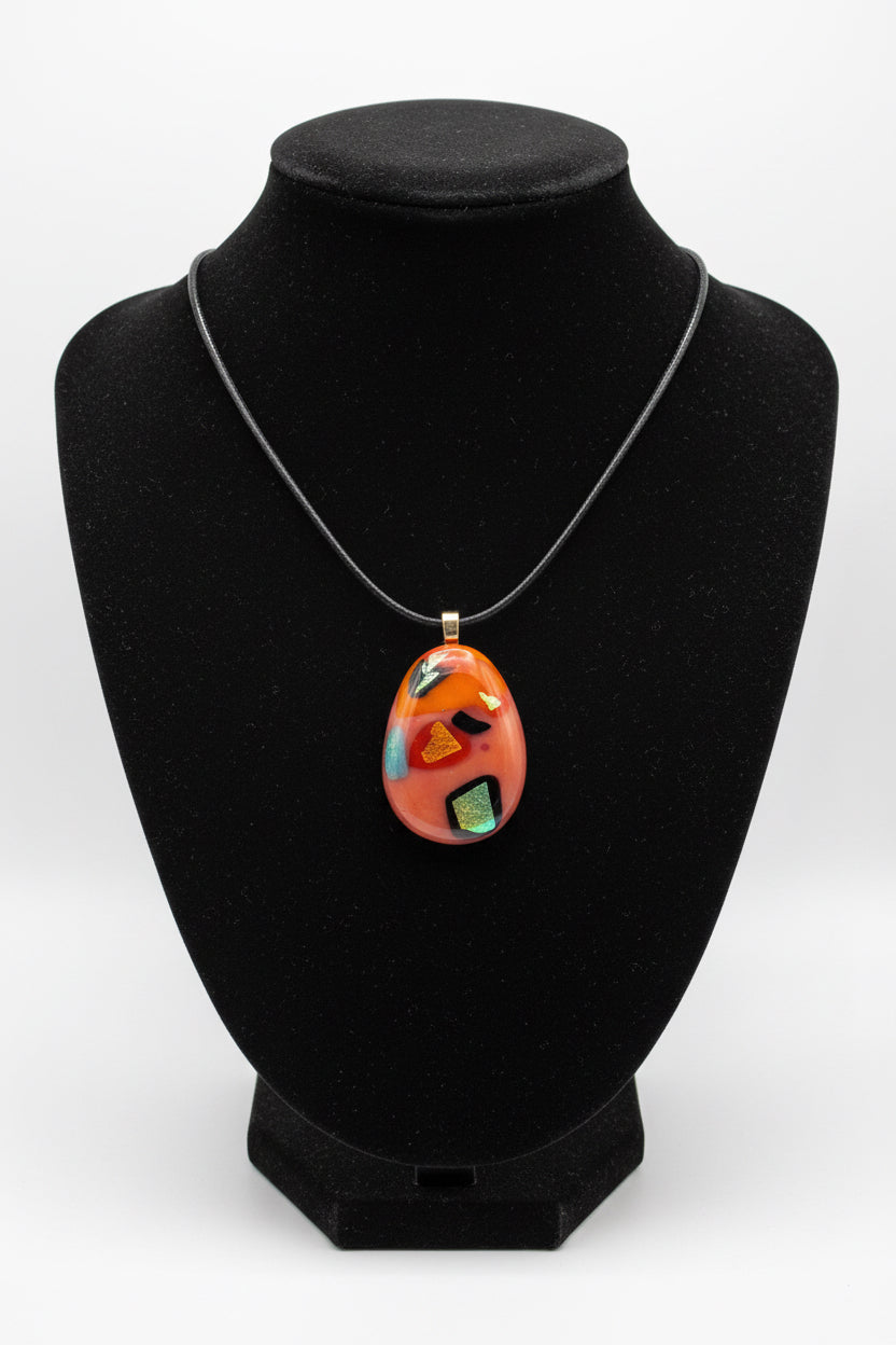 Fused Glass Burnt Orange Dichroic Oval Pendant Necklace