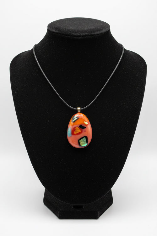 Fused Glass Burnt Orange Dichroic Oval Pendant Necklace