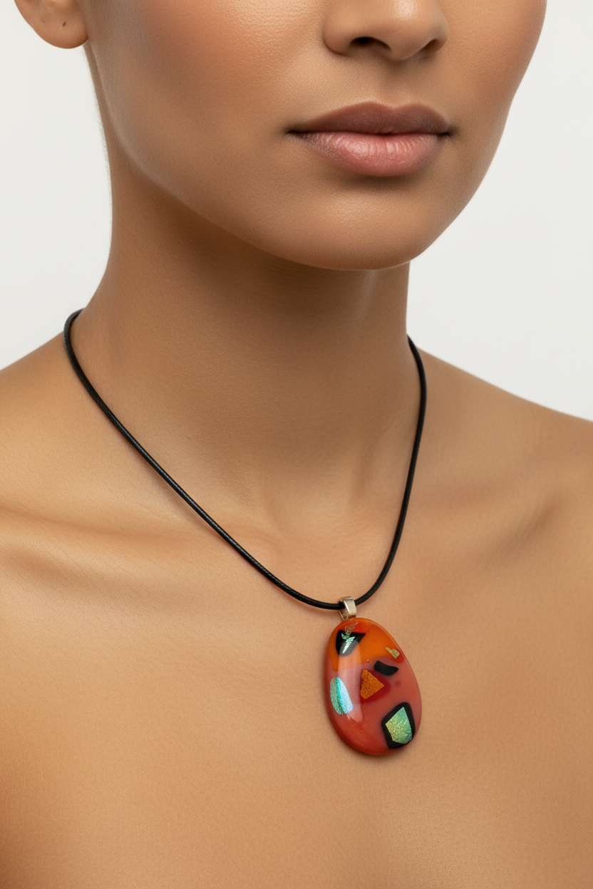 Fused Glass Burnt Orange Dichroic Oval Pendant Necklace