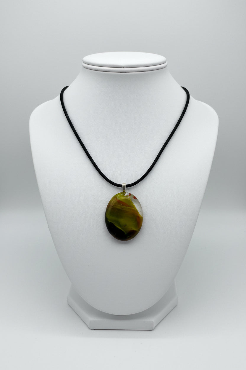 Fused Glass Olive & Dark Green Oval Pendant Necklace