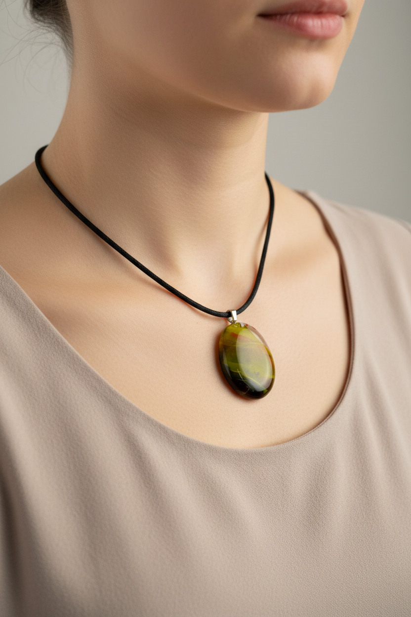 Fused Glass Olive & Dark Green Oval Pendant Necklace
