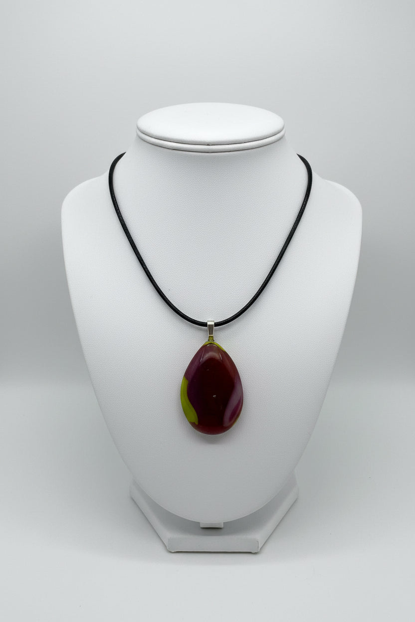 Fused Glass Plum & Chartreuse Teardrop Pendant Necklace