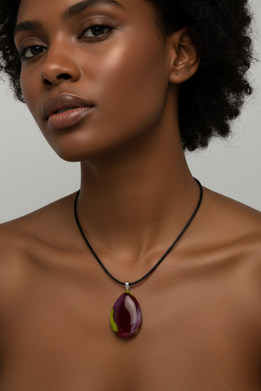 Fused Glass Plum & Chartreuse Teardrop Pendant Necklace