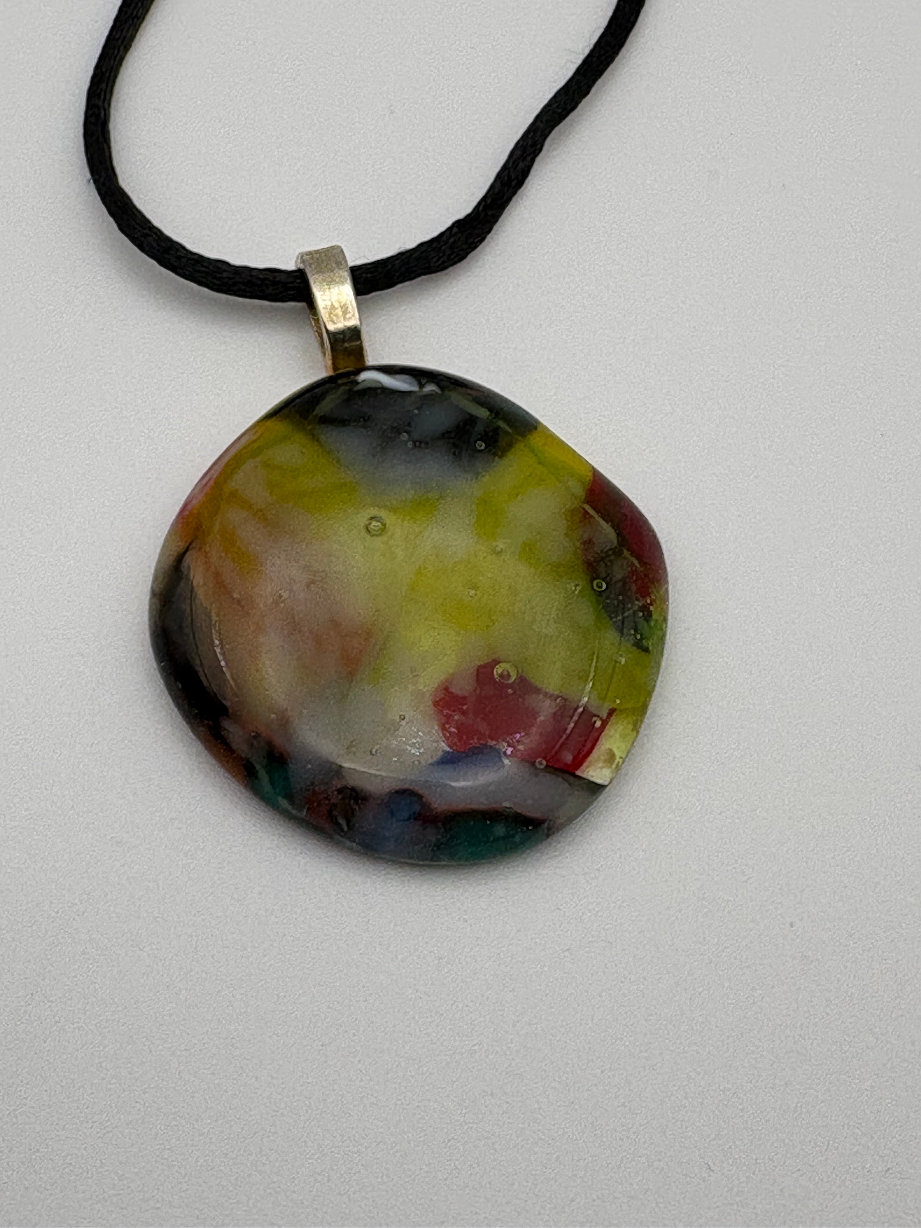 Fused Glass Chartreuse & Multicolor Round Pendant Necklace