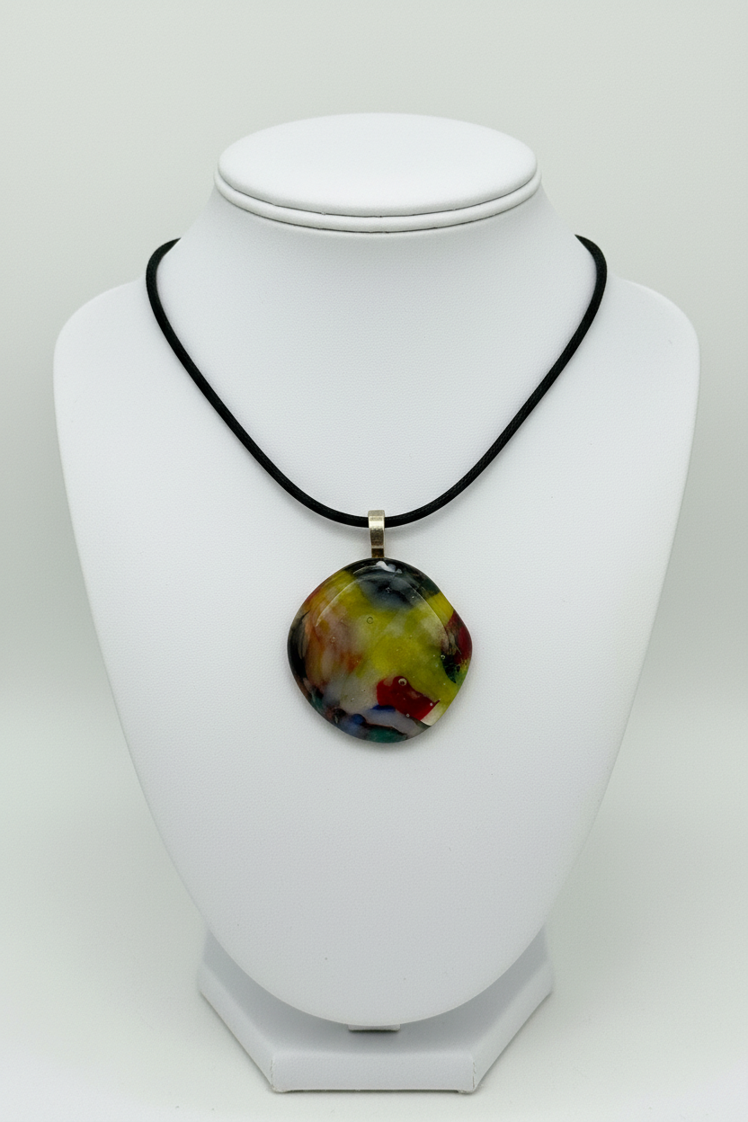 Fused Glass Chartreuse & Multicolor Round Pendant Necklace