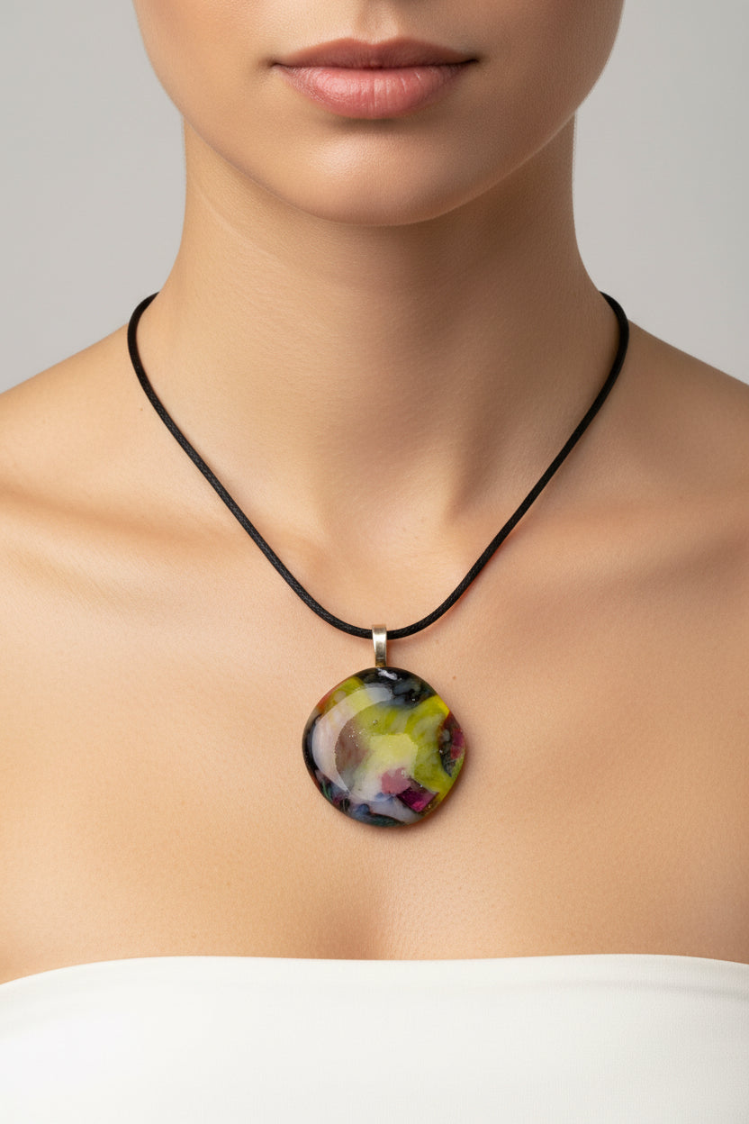Fused Glass Chartreuse & Multicolor Round Pendant Necklace