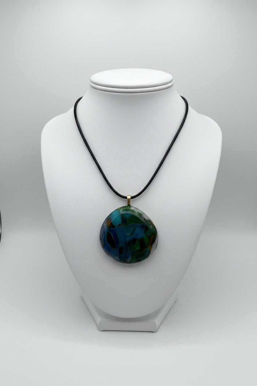 Fused Glass Deep Teal & Blue Round Pendant Necklace