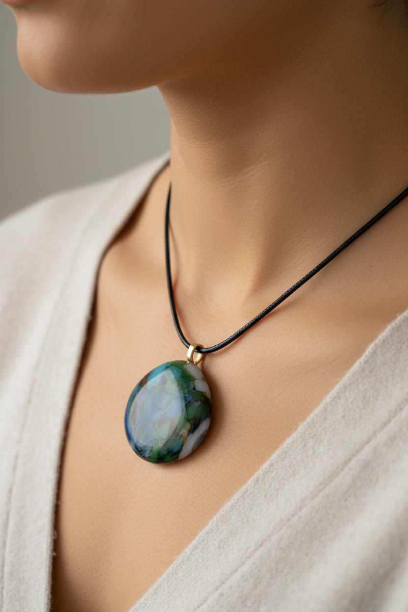 Fused Glass Deep Teal & Blue Round Pendant Necklace