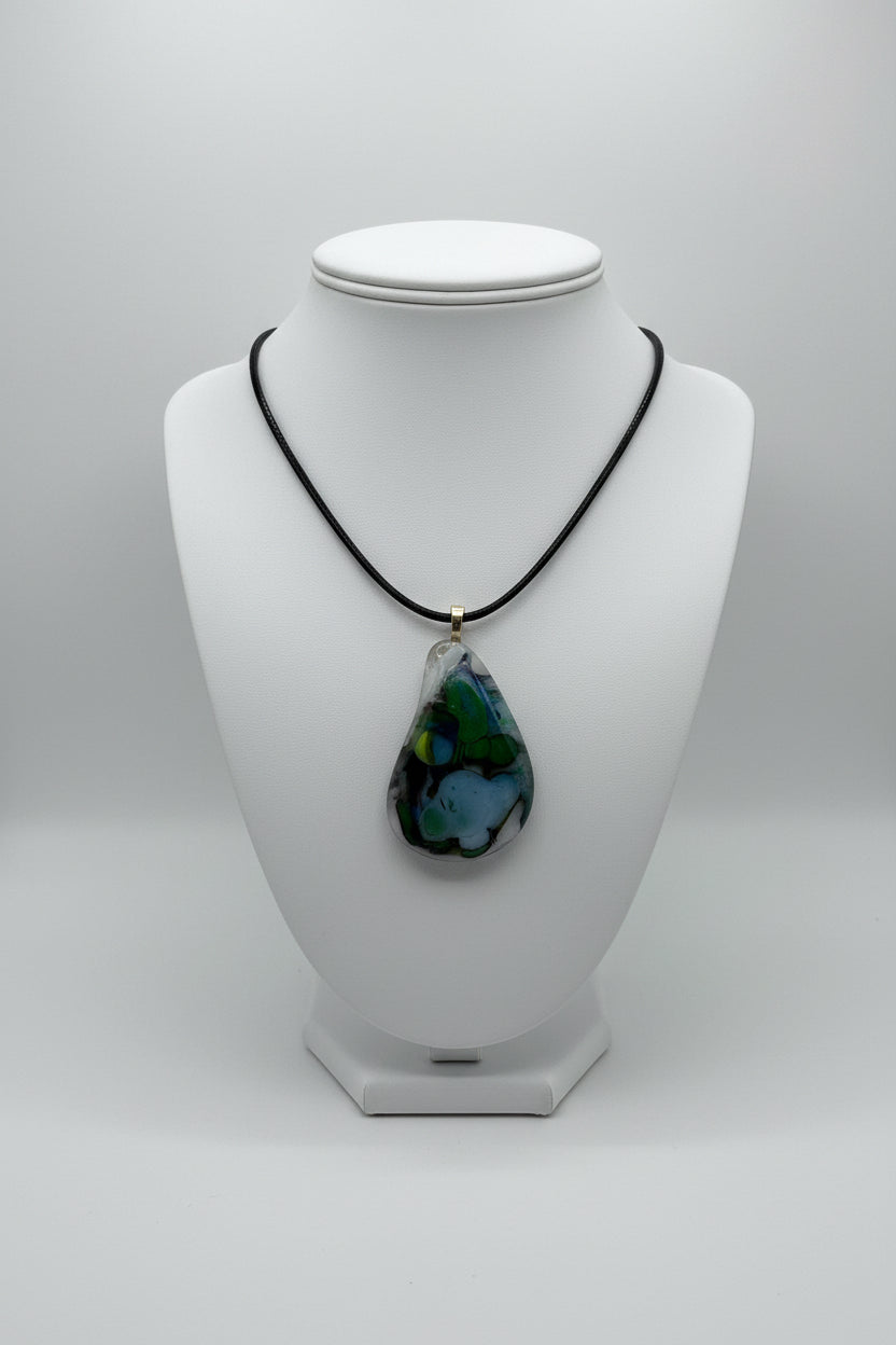 Fused Glass Blue-Green Teardrop Pendant Necklace