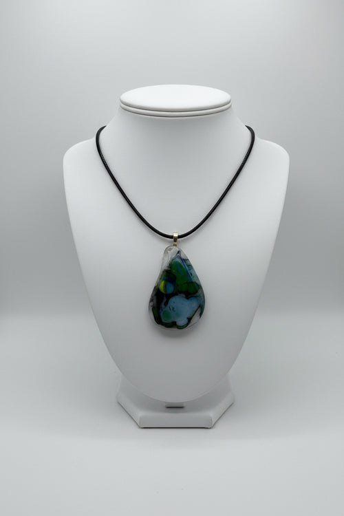 Fused Glass Blue-Green Teardrop Pendant Necklace