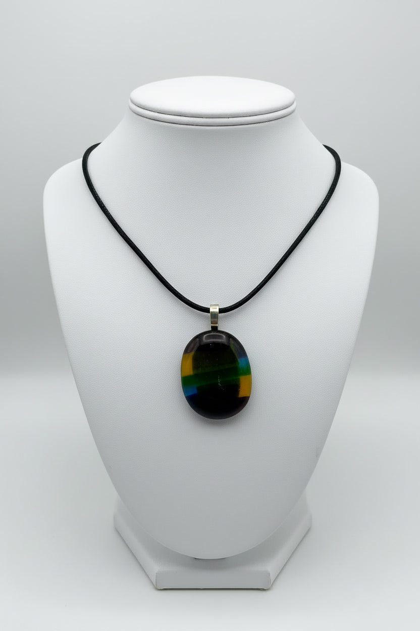 Fused Glass Dark Smoky Oval Pendant Necklace with Rainbow Stripe