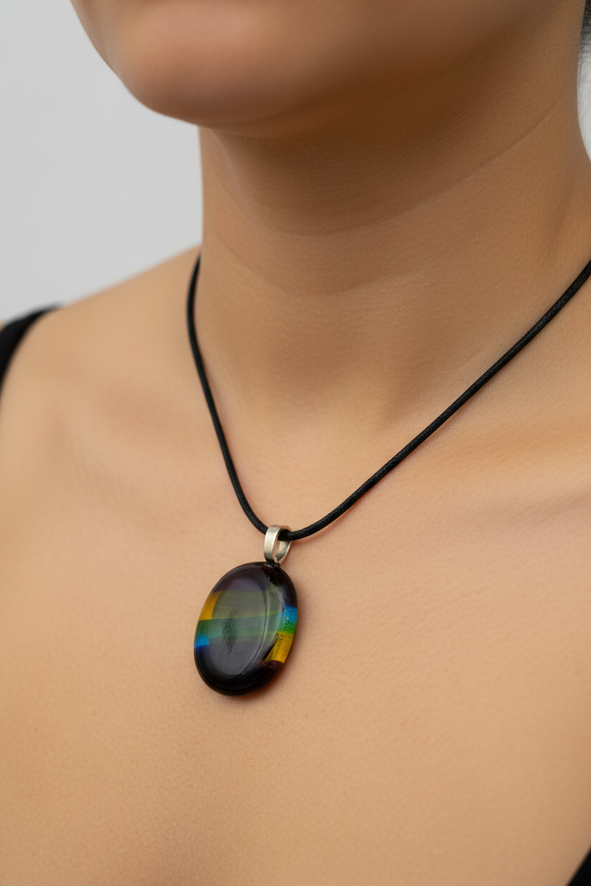 Fused Glass Dark Smoky Oval Pendant Necklace with Rainbow Stripe
