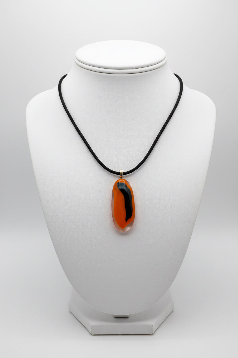 Fused Glass Orange & Black Elongated Oval Pendant Necklace