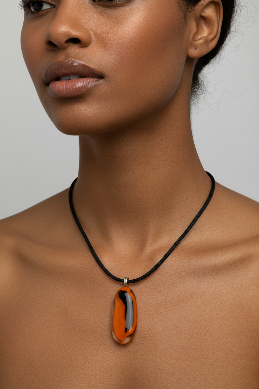 Fused Glass Orange & Black Elongated Oval Pendant Necklace