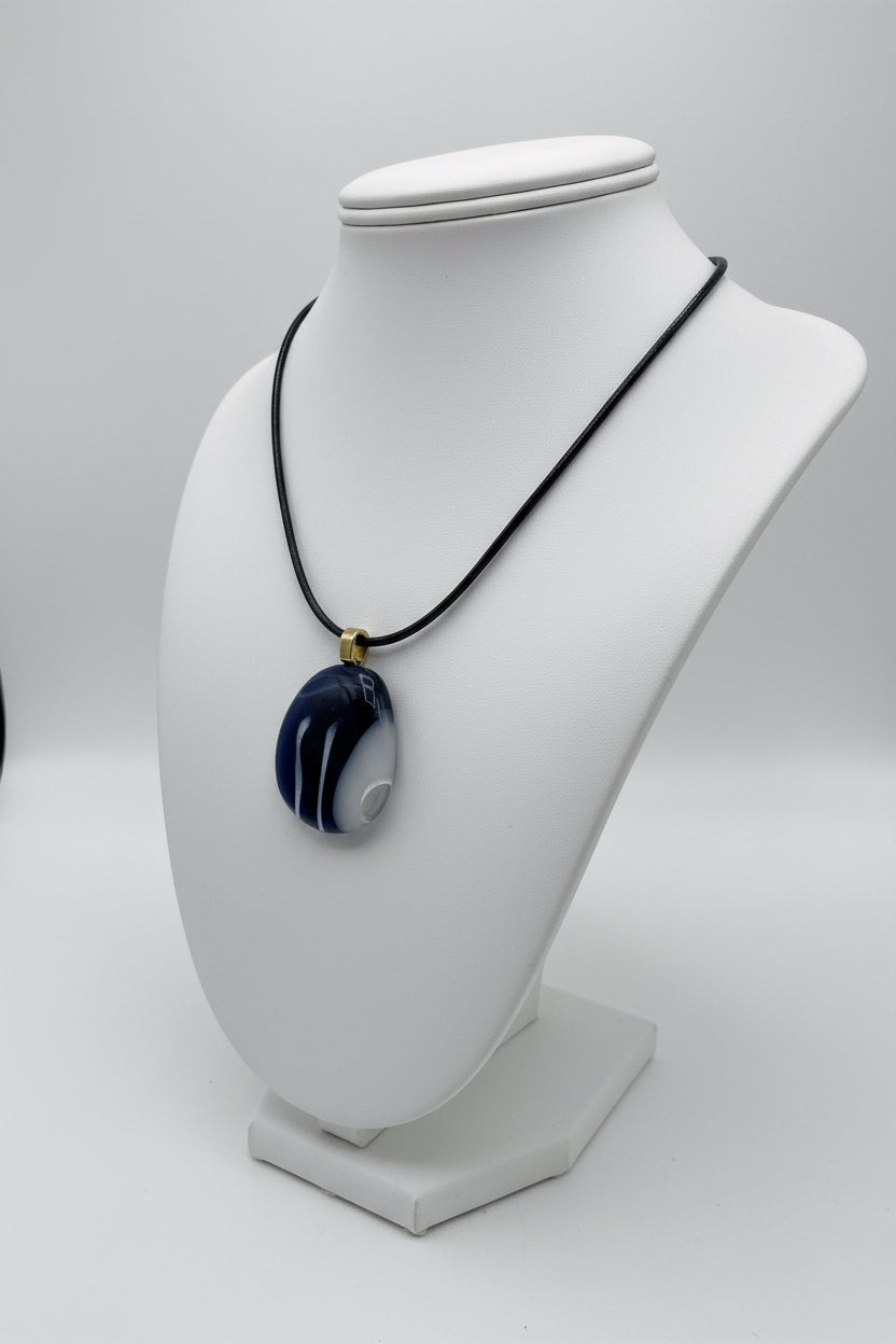 Fused Glass Navy Blue & White Oval Pendant Necklace