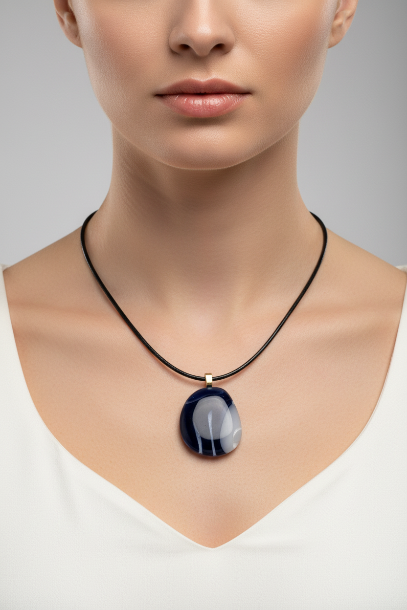 Fused Glass Navy Blue & White Oval Pendant Necklace