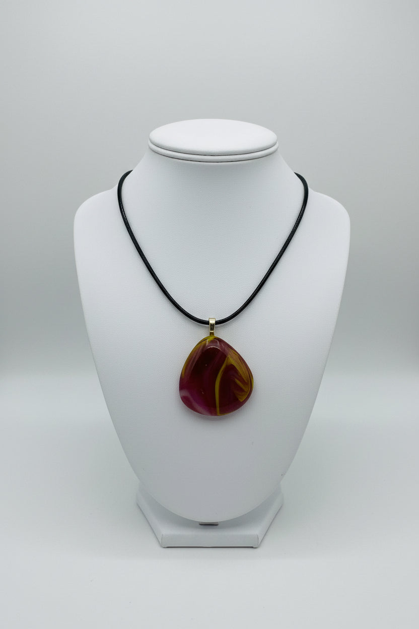 Fused Glass Burgundy & Olive Teardrop Pendant Necklace