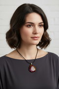 Fused Glass Burgundy & Olive Teardrop Pendant Necklace