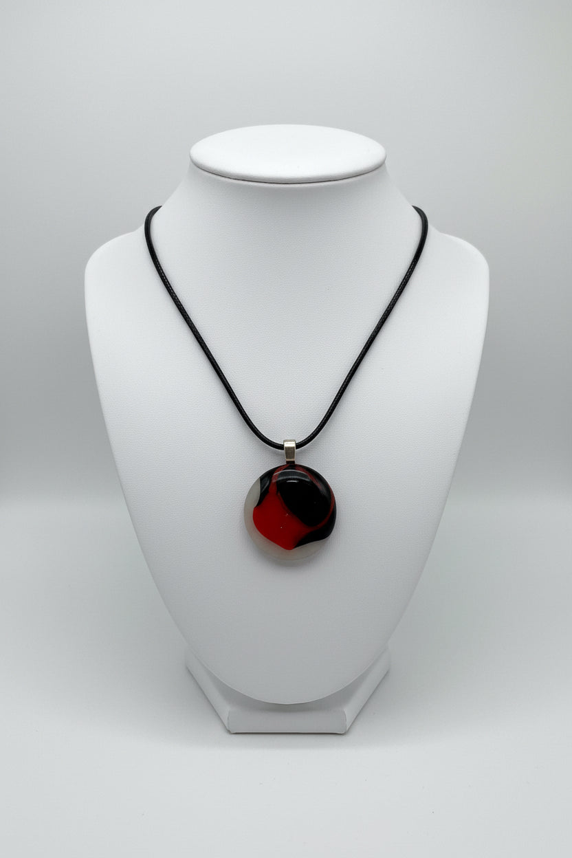 Fused Glass Burgundy & Olive Round Pendant Necklace