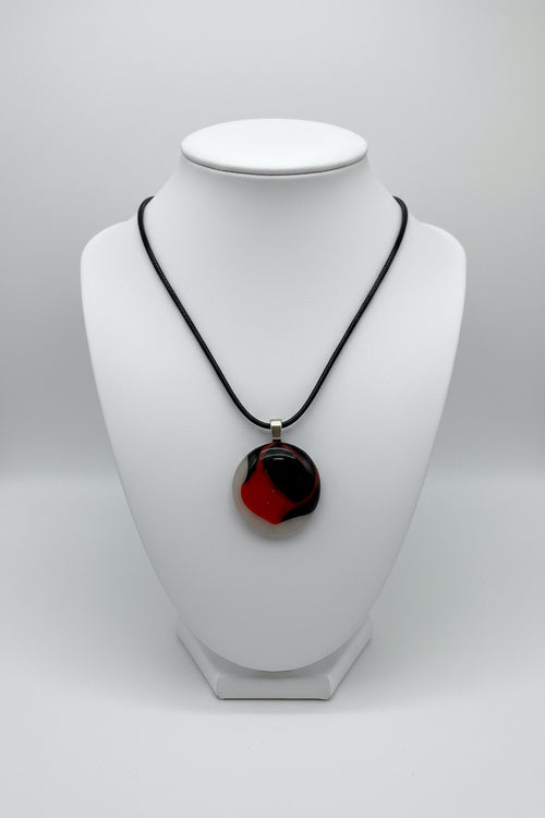 Fused Glass Burgundy & Olive Round Pendant Necklace