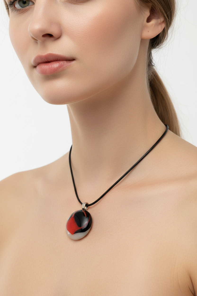 Fused Glass Burgundy & Olive Round Pendant Necklace