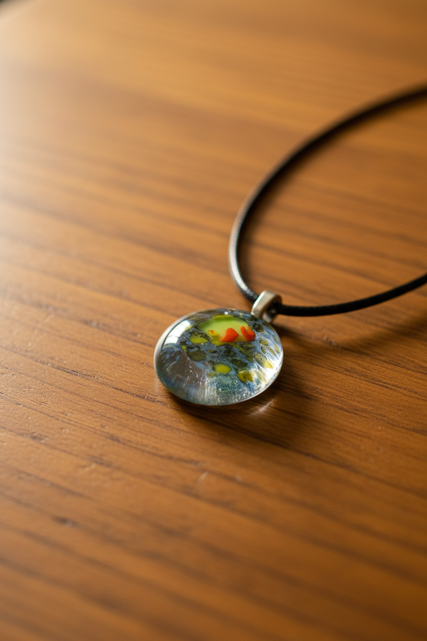 Fused Glass Stormy Round Pendant Necklace