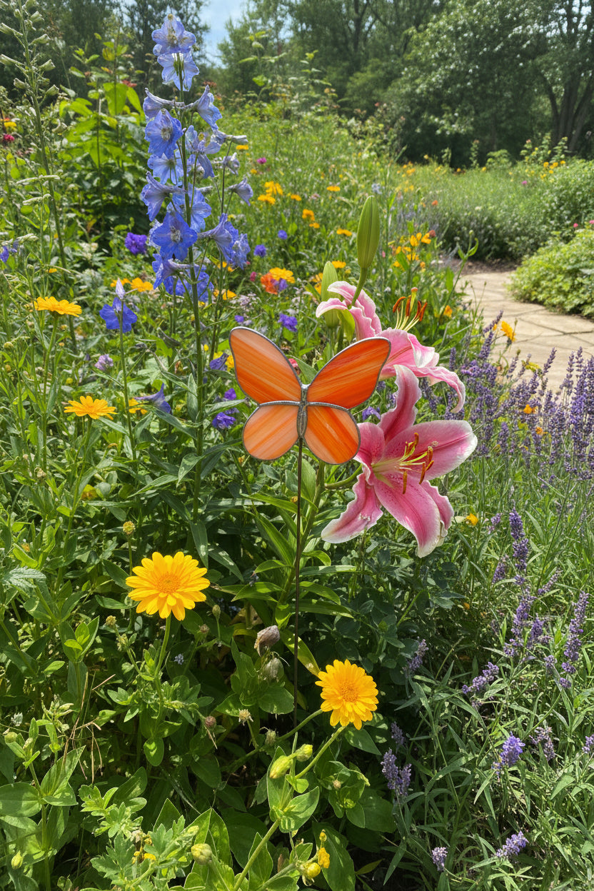 Stained Glass Orange Butterfly Garden Stake