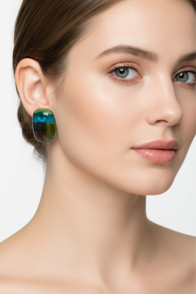 Fused Glass Olive, Blue & Plum Striped Rectangle Stud Earrings