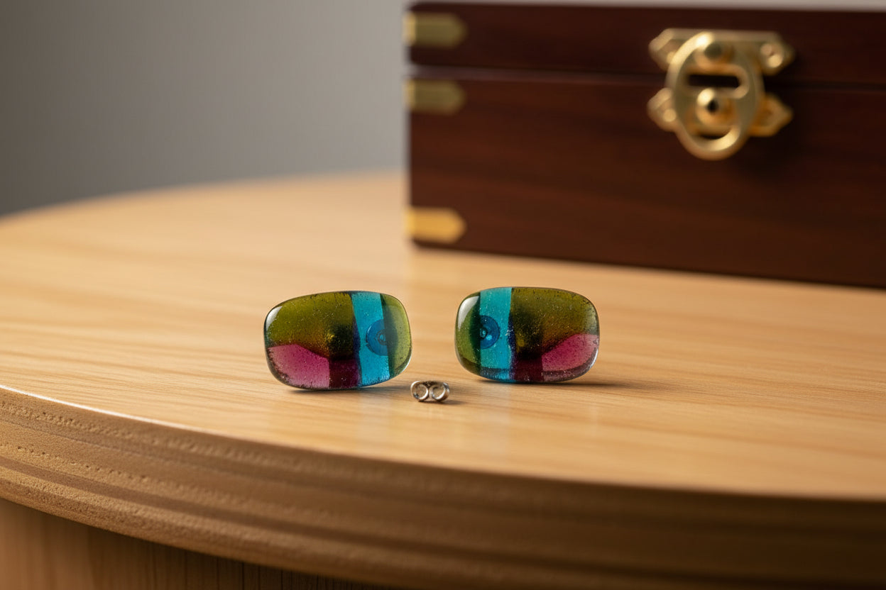 Fused Glass Olive, Blue & Plum Striped Rectangle Stud Earrings
