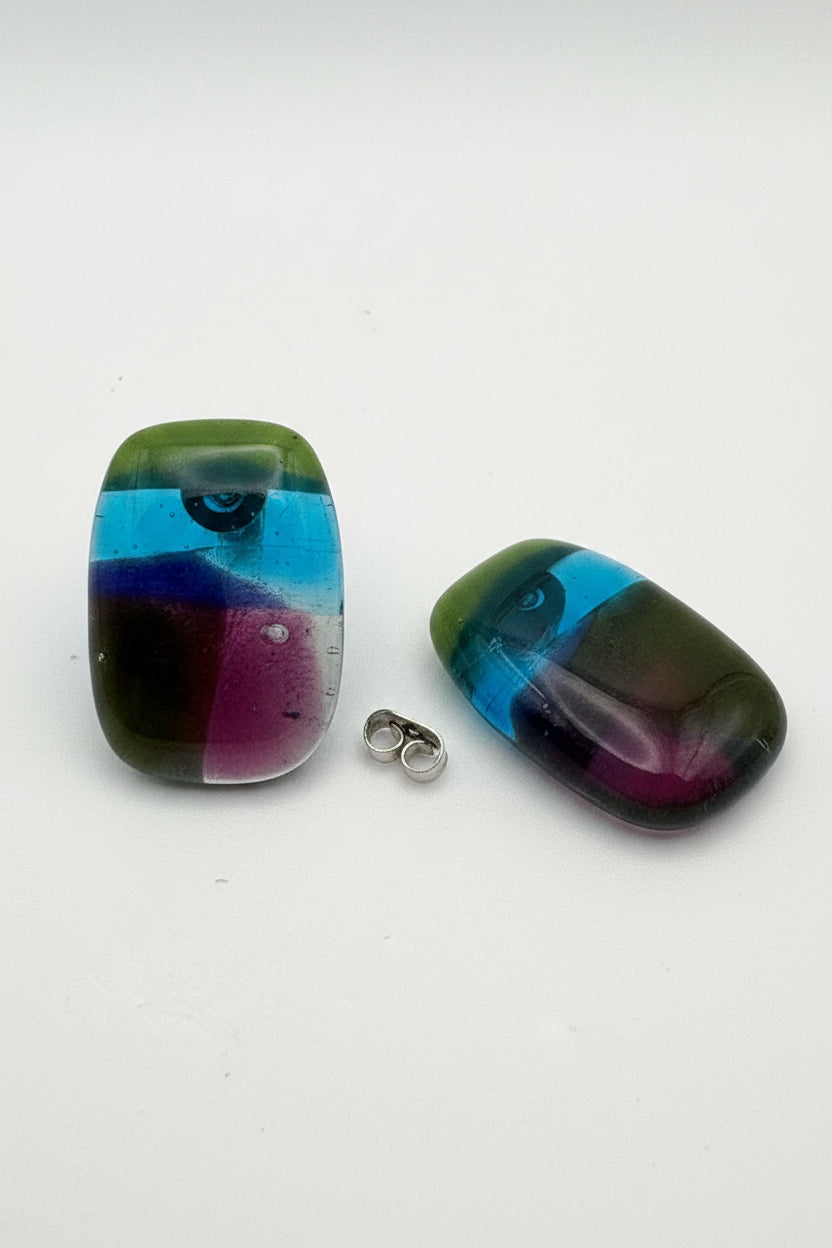 Fused Glass Olive, Blue & Plum Striped Rectangle Stud Earrings